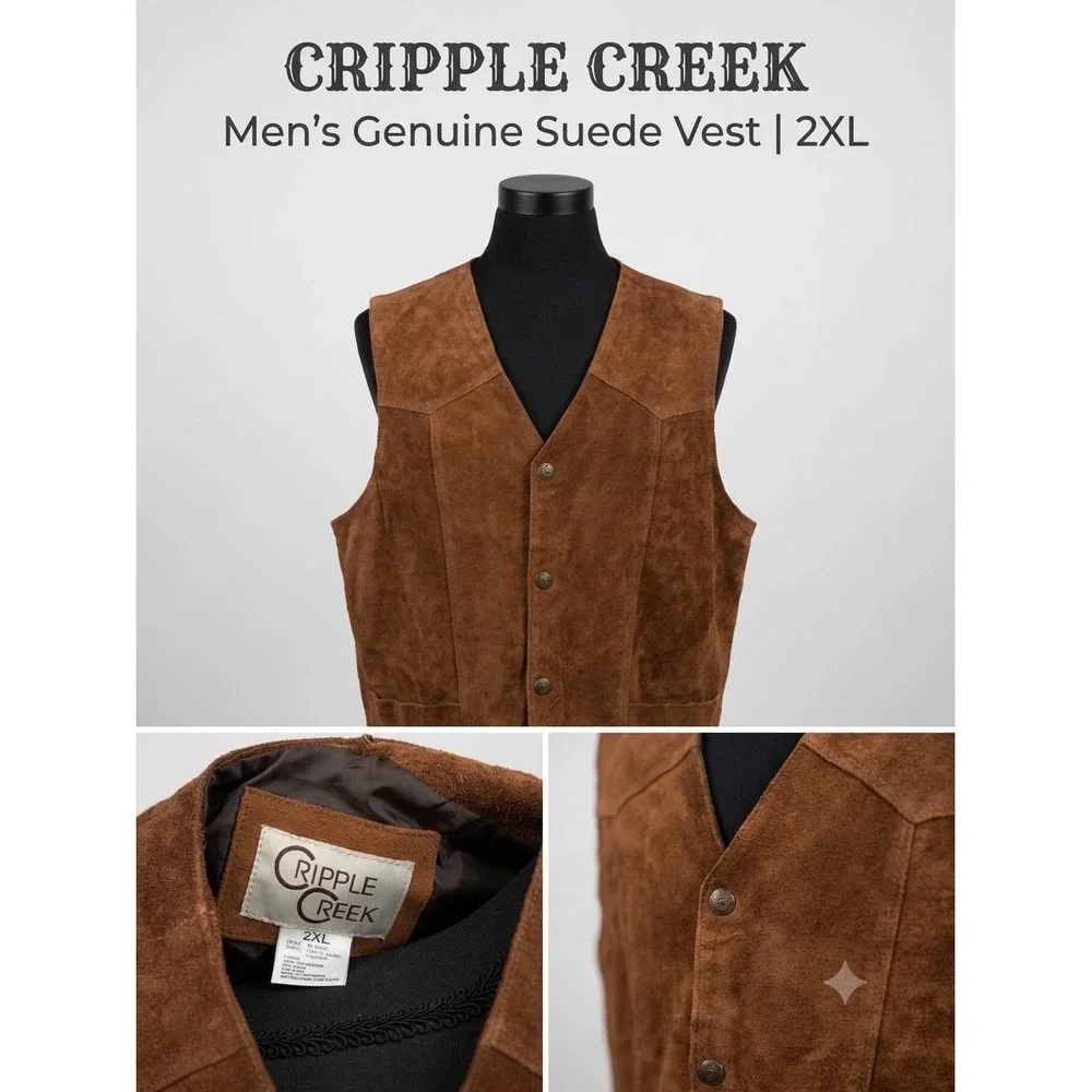 Cripple Creek Mens Genuine Suede Leather Western Vest Brown 2XL  Cowboy V-Neck